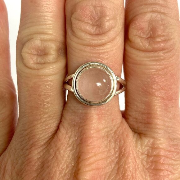 Sterling Silver 925 Round Pink Rose Quartz Cabochon Split Shank Ring Size 8.5 - Picture 2 of 16